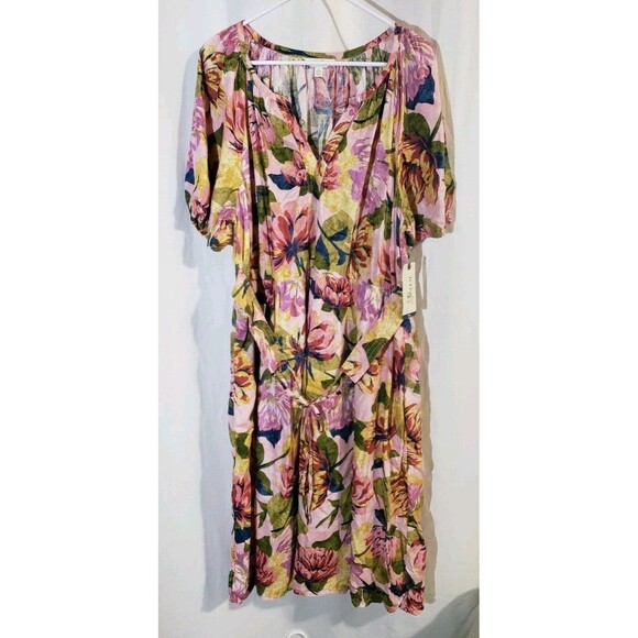 Terra & Sky Women's 1X (16W-18W) Plus Size Puff Sleeve Pearl Blush Floral Dress - Picture 3 of 11